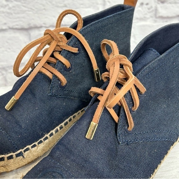 Tory Burch Navy Canvas Espadrille Lace Up Ankle Bootie Flats - Picture 10 of 16